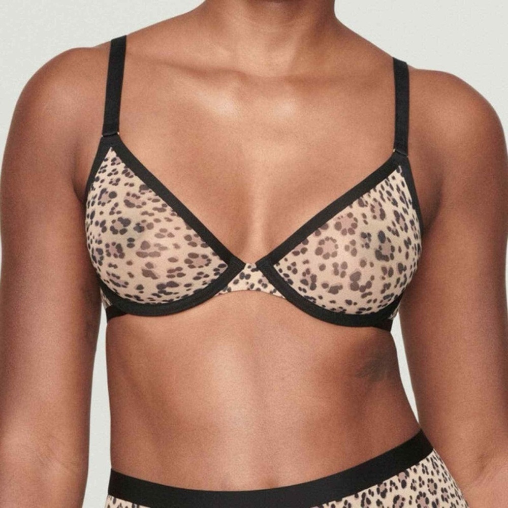 CUUP Black and Tan Leopard Print Plunge Mesh Bra